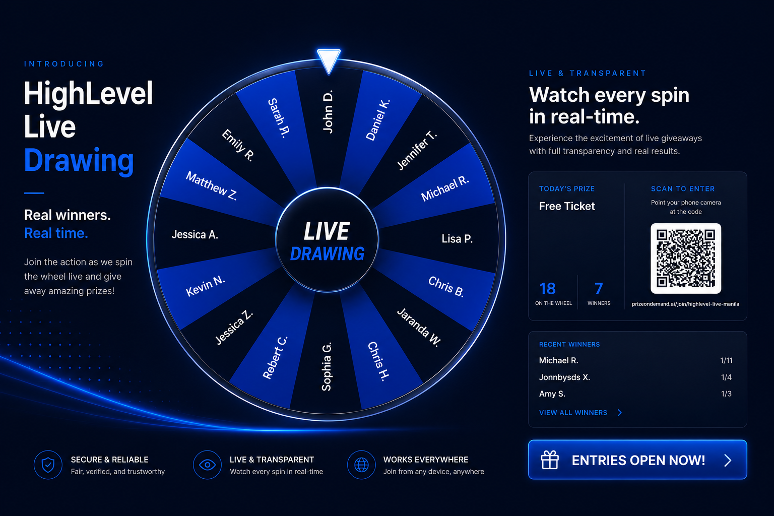 Prize On Demand live drawing preview showing the spinning wheel, QR code, and recent winners.